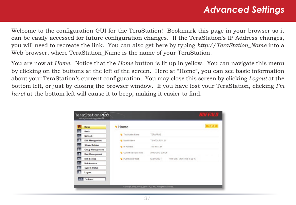 Advanced settings | Buffalo Technology Rackmount TeraStation Pro TS-RHTGL/R5 User Manual | Page 21 / 76