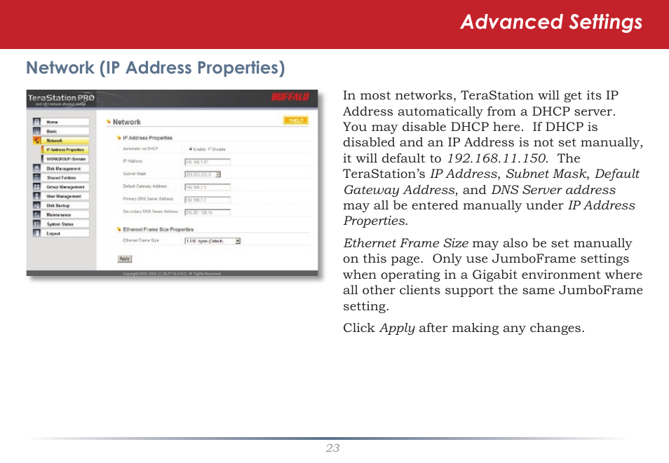 Advanced settings, Network (ip address properties) | Buffalo Technology Rackmount TeraStation Pro TS-RHTGL/R5 User Manual | Page 23 / 76