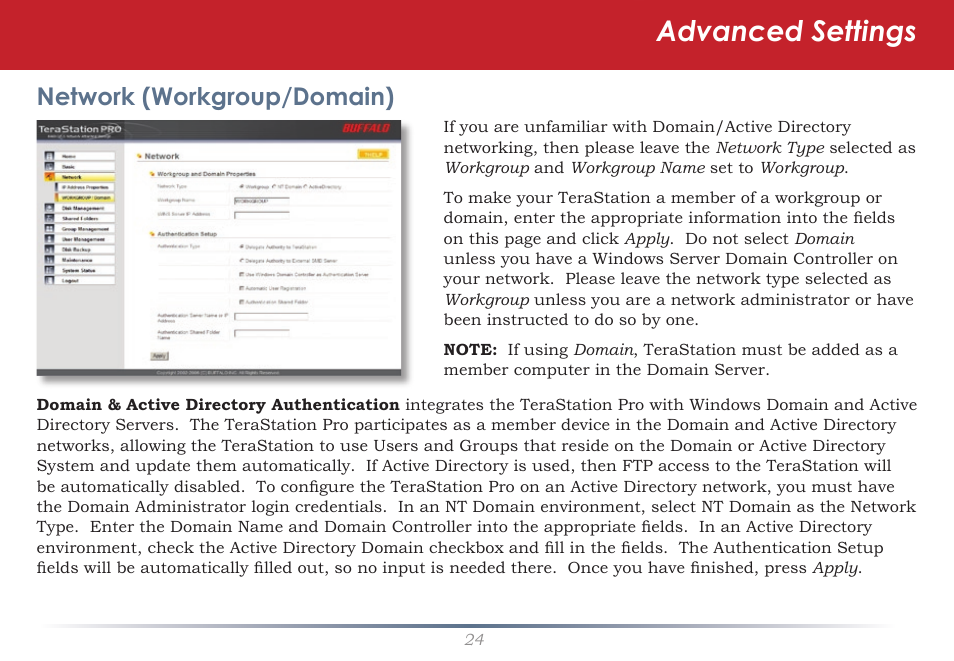 Advanced settings, Network (workgroup/domain) | Buffalo Technology Rackmount TeraStation Pro TS-RHTGL/R5 User Manual | Page 24 / 76