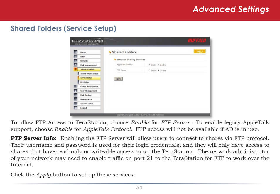 Advanced settings, Shared folders (service setup) | Buffalo Technology Rackmount TeraStation Pro TS-RHTGL/R5 User Manual | Page 39 / 76