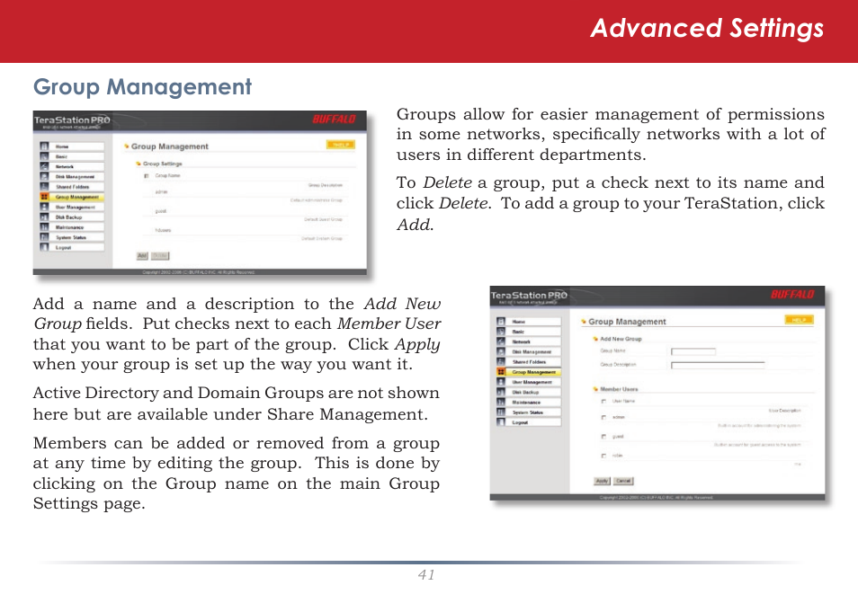 Advanced settings, Group management | Buffalo Technology Rackmount TeraStation Pro TS-RHTGL/R5 User Manual | Page 41 / 76