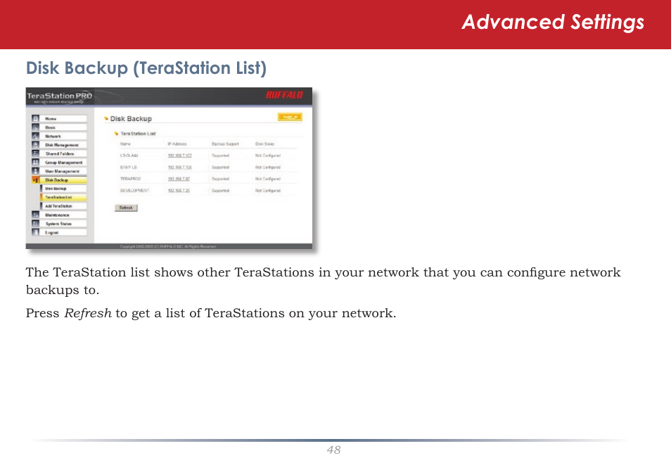 Advanced settings | Buffalo Technology Rackmount TeraStation Pro TS-RHTGL/R5 User Manual | Page 48 / 76