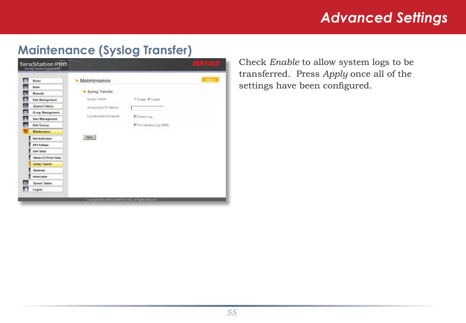 Advanced settings | Buffalo Technology Rackmount TeraStation Pro TS-RHTGL/R5 User Manual | Page 55 / 76