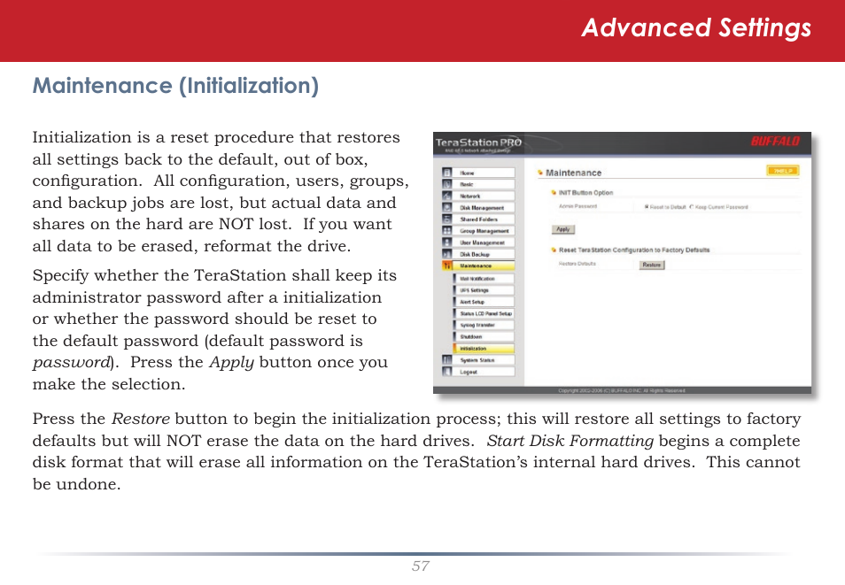 Advanced settings, Maintenance (initialization) | Buffalo Technology Rackmount TeraStation Pro TS-RHTGL/R5 User Manual | Page 57 / 76