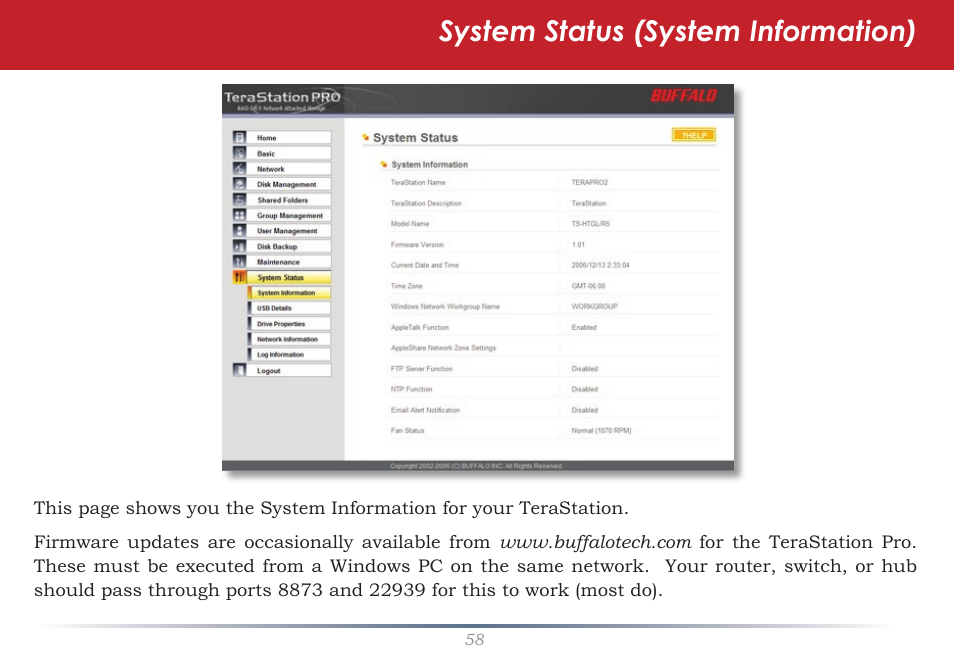System status (system information) | Buffalo Technology Rackmount TeraStation Pro TS-RHTGL/R5 User Manual | Page 58 / 76