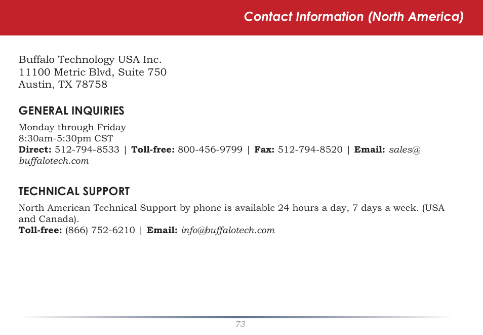 Contact information (north america) | Buffalo Technology Rackmount TeraStation Pro TS-RHTGL/R5 User Manual | Page 73 / 76