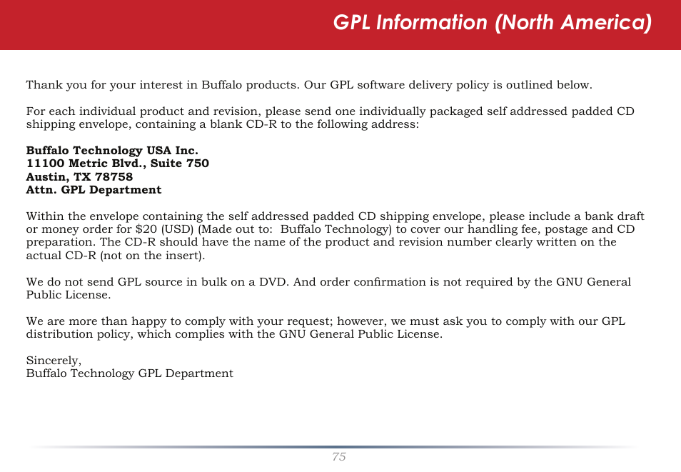 Gpl information (north america) | Buffalo Technology Rackmount TeraStation Pro TS-RHTGL/R5 User Manual | Page 75 / 76