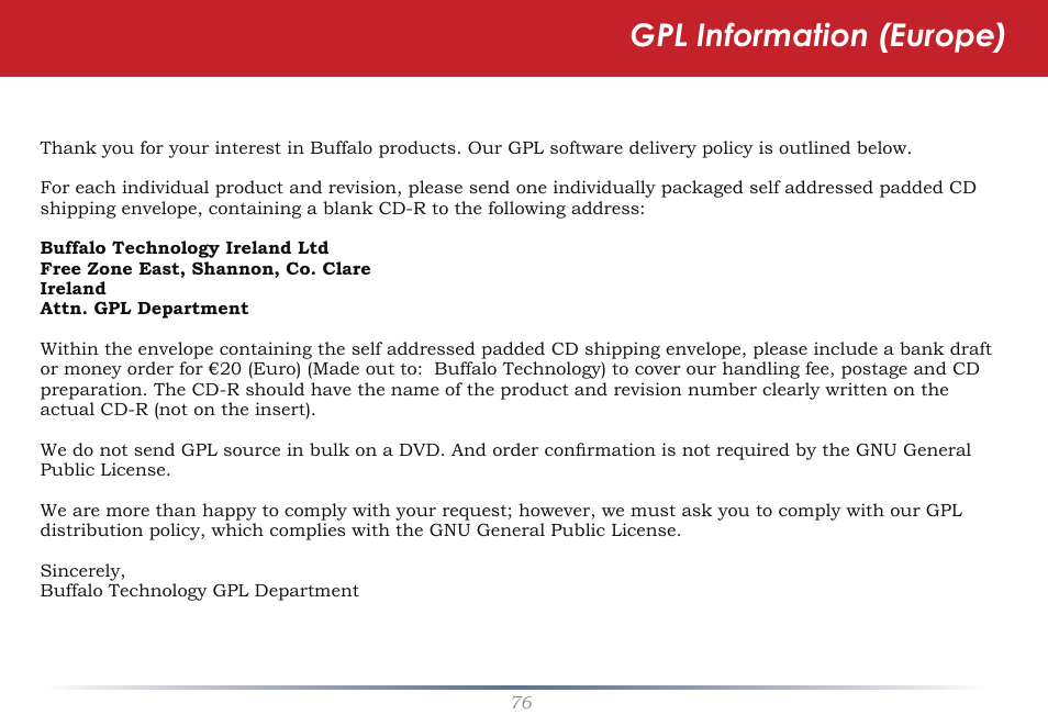 Gpl information (europe) | Buffalo Technology Rackmount TeraStation Pro TS-RHTGL/R5 User Manual | Page 76 / 76