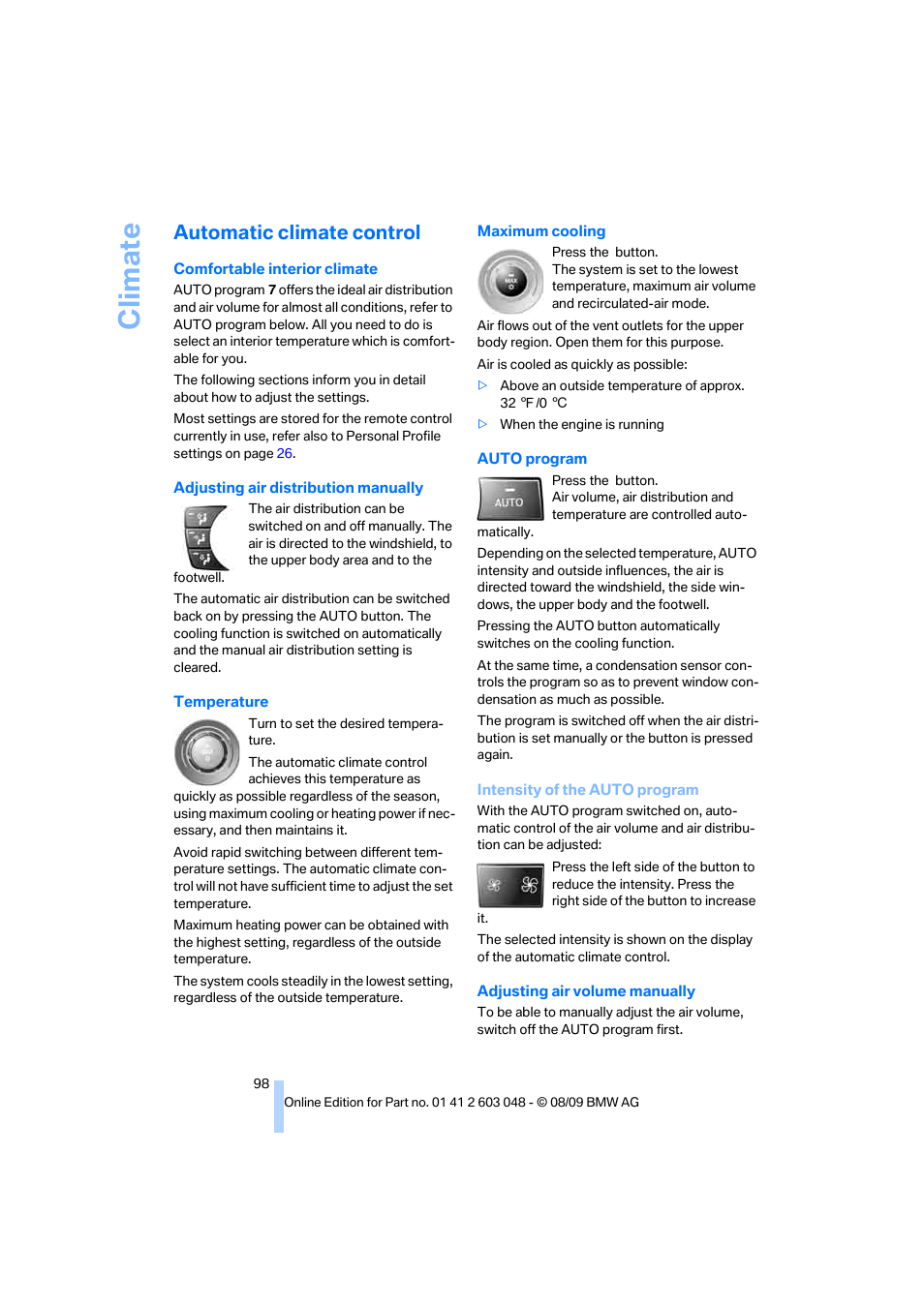 Automatic climate control, Climate | BMW 328i xDrive Sports Wagon 2010 User Manual | Page 100 / 274