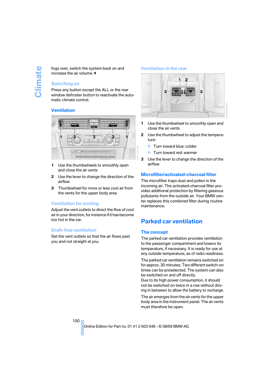 Parked car ventilation, Climate | BMW 328i xDrive Sports Wagon 2010 User Manual | Page 102 / 274