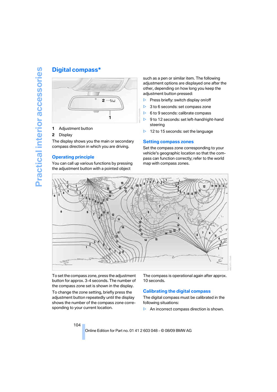 Digital compass, Practical interi or acc ess orie s | BMW 328i xDrive Sports Wagon 2010 User Manual | Page 106 / 274
