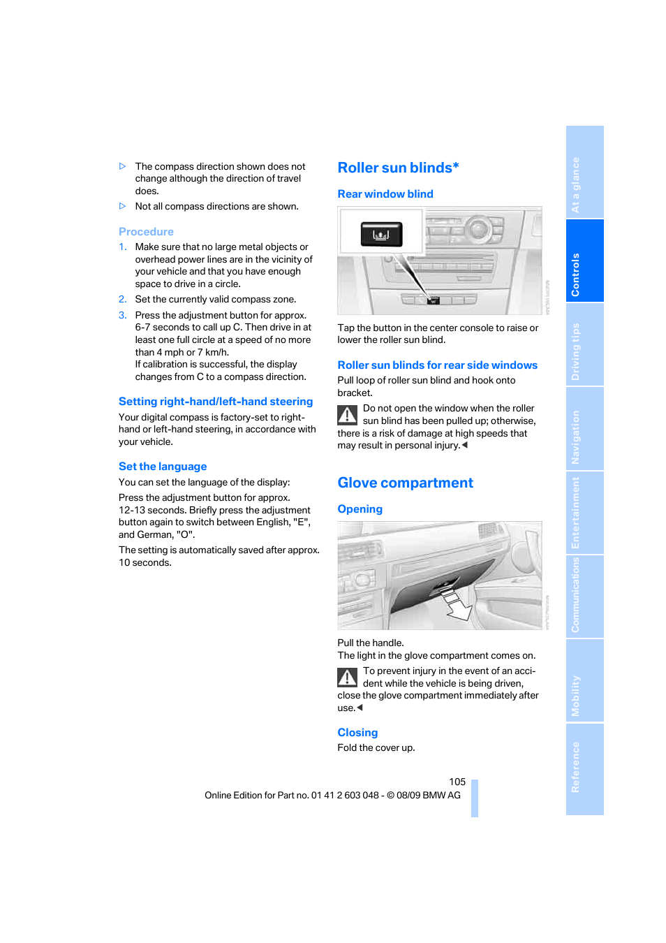 Roller sun blinds, Glove compartment | BMW 328i xDrive Sports Wagon 2010 User Manual | Page 107 / 274