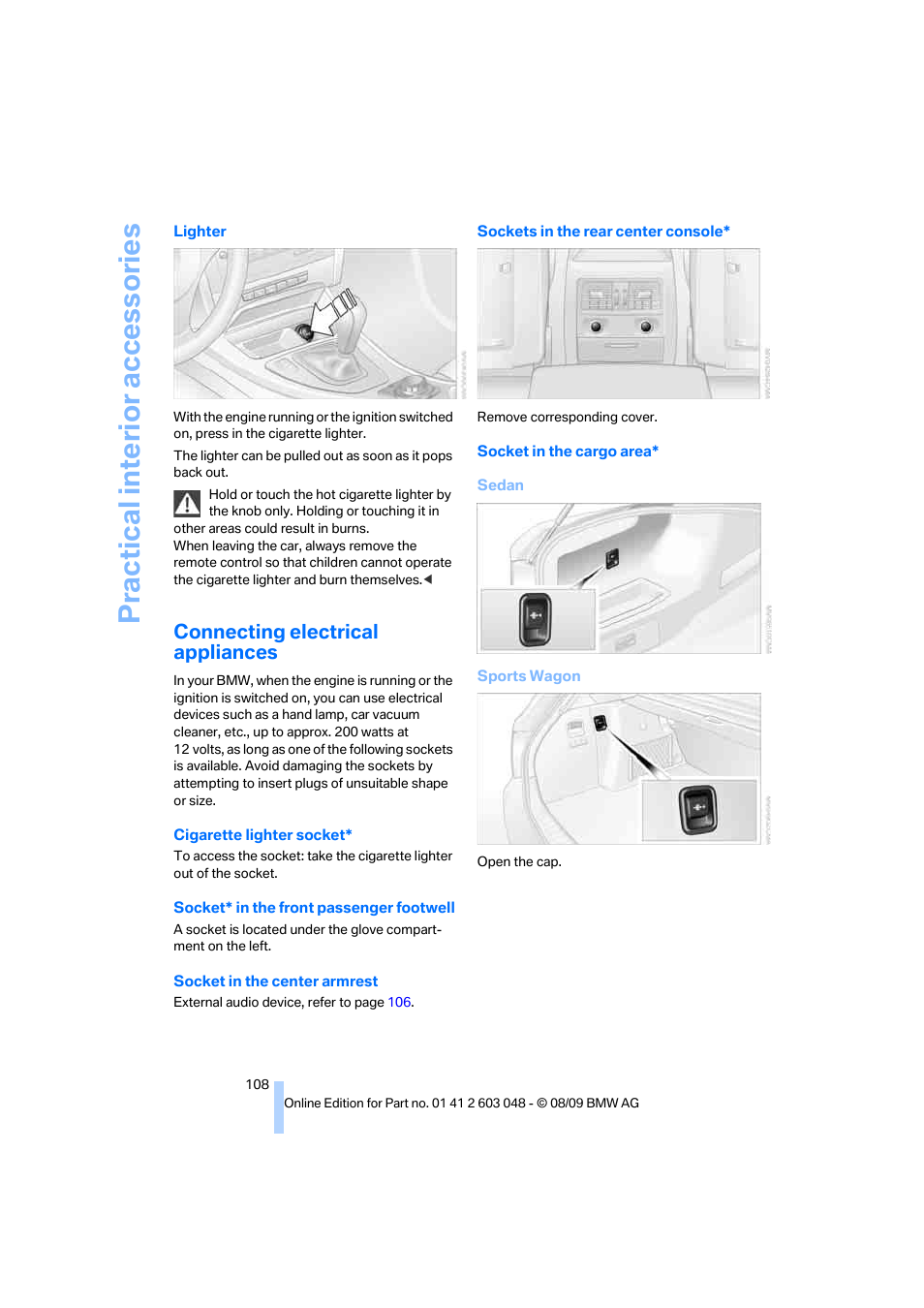 Connecting electrical appliances, Practical interi or acc ess orie s | BMW 328i xDrive Sports Wagon 2010 User Manual | Page 110 / 274