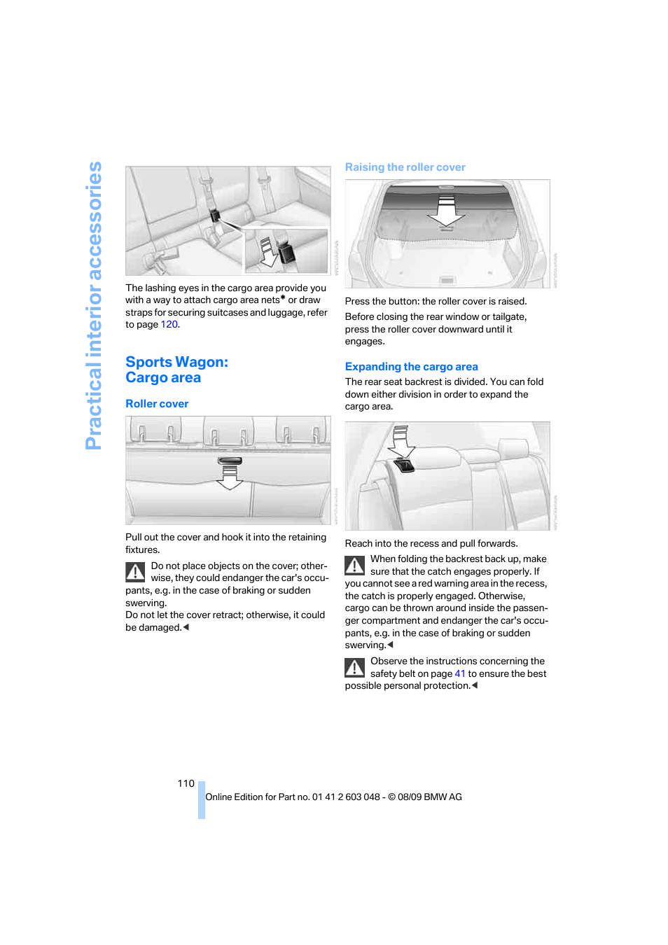 Sports wagon: cargo area, Practical interi or acc ess orie s | BMW 328i xDrive Sports Wagon 2010 User Manual | Page 112 / 274