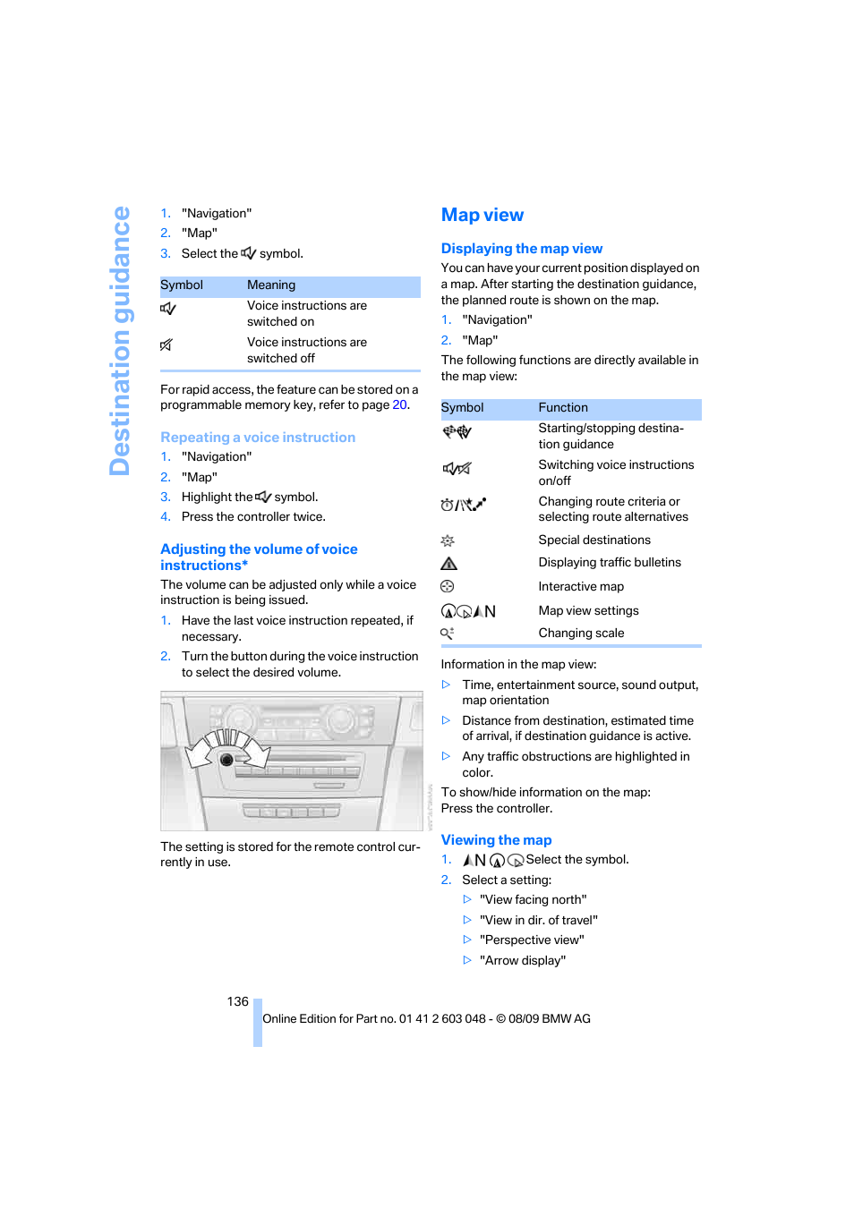 Map view, Destination guidance | BMW 328i xDrive Sports Wagon 2010 User Manual | Page 138 / 274