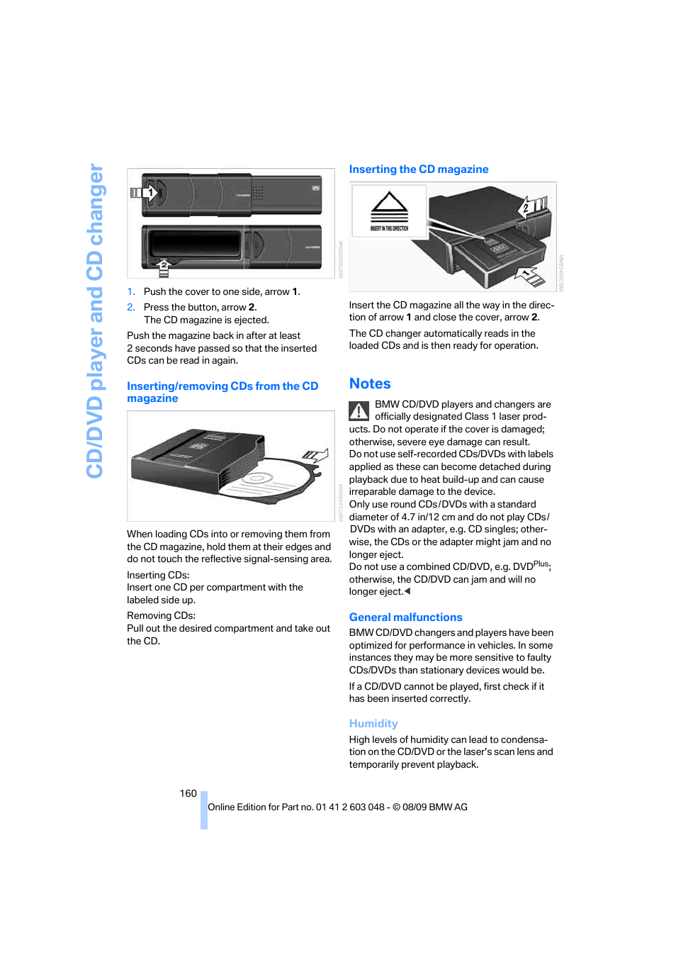 Notes, Cd/ d vd player and cd changer | BMW 328i xDrive Sports Wagon 2010 User Manual | Page 162 / 274