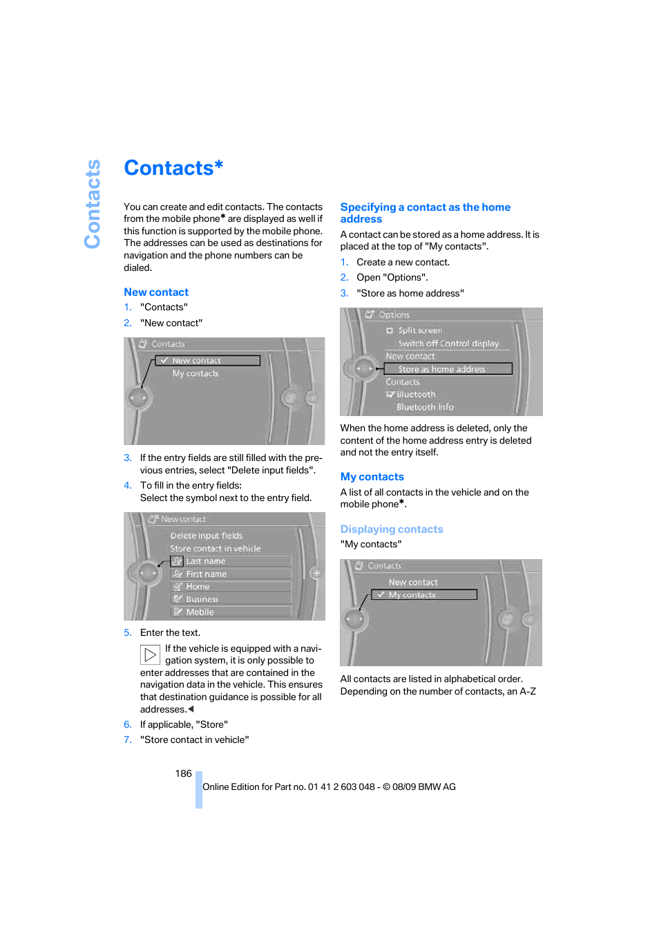 Contacts | BMW 328i xDrive Sports Wagon 2010 User Manual | Page 188 / 274