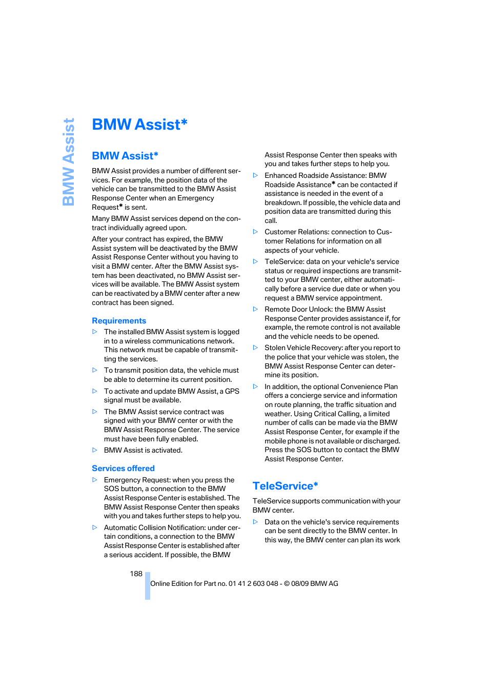 Bmw assist, Teleservice, Bmw assis t | BMW 328i xDrive Sports Wagon 2010 User Manual | Page 190 / 274