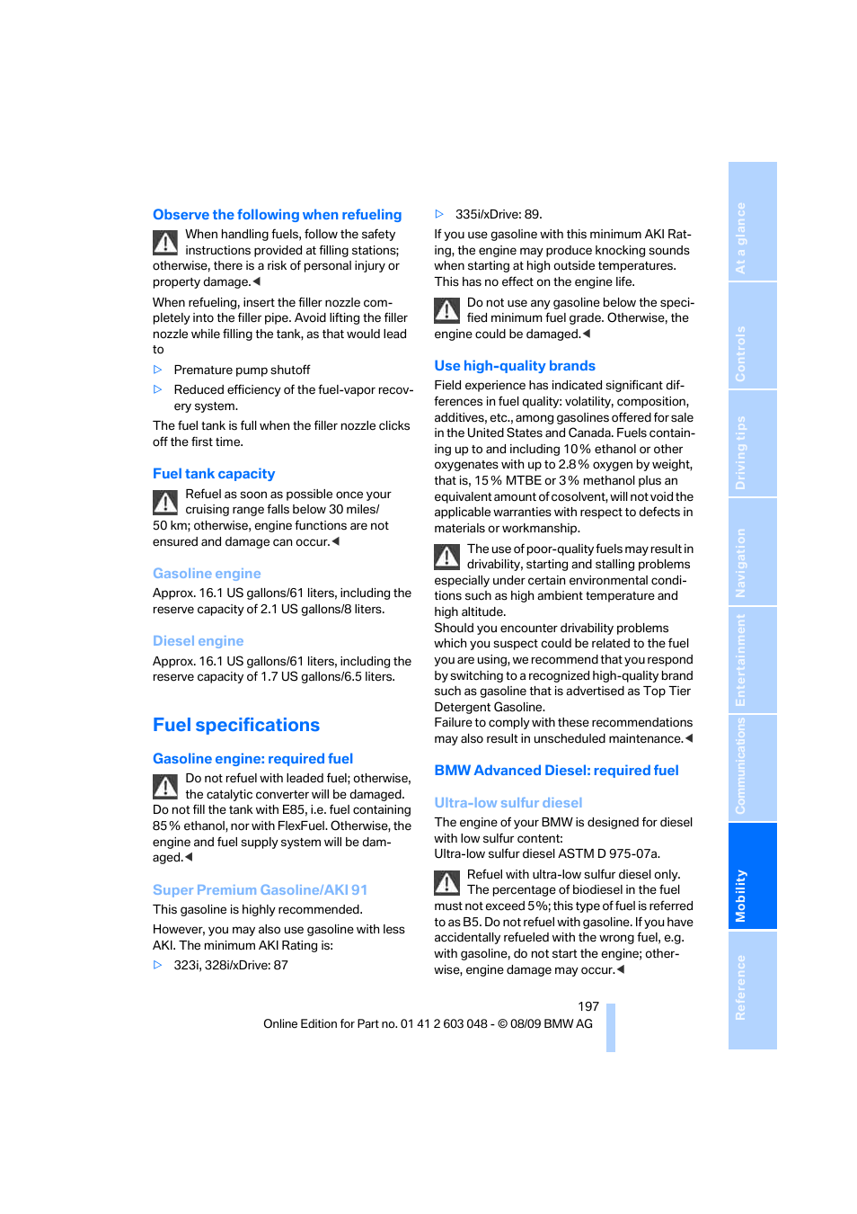 Fuel specifications | BMW 328i xDrive Sports Wagon 2010 User Manual | Page 199 / 274