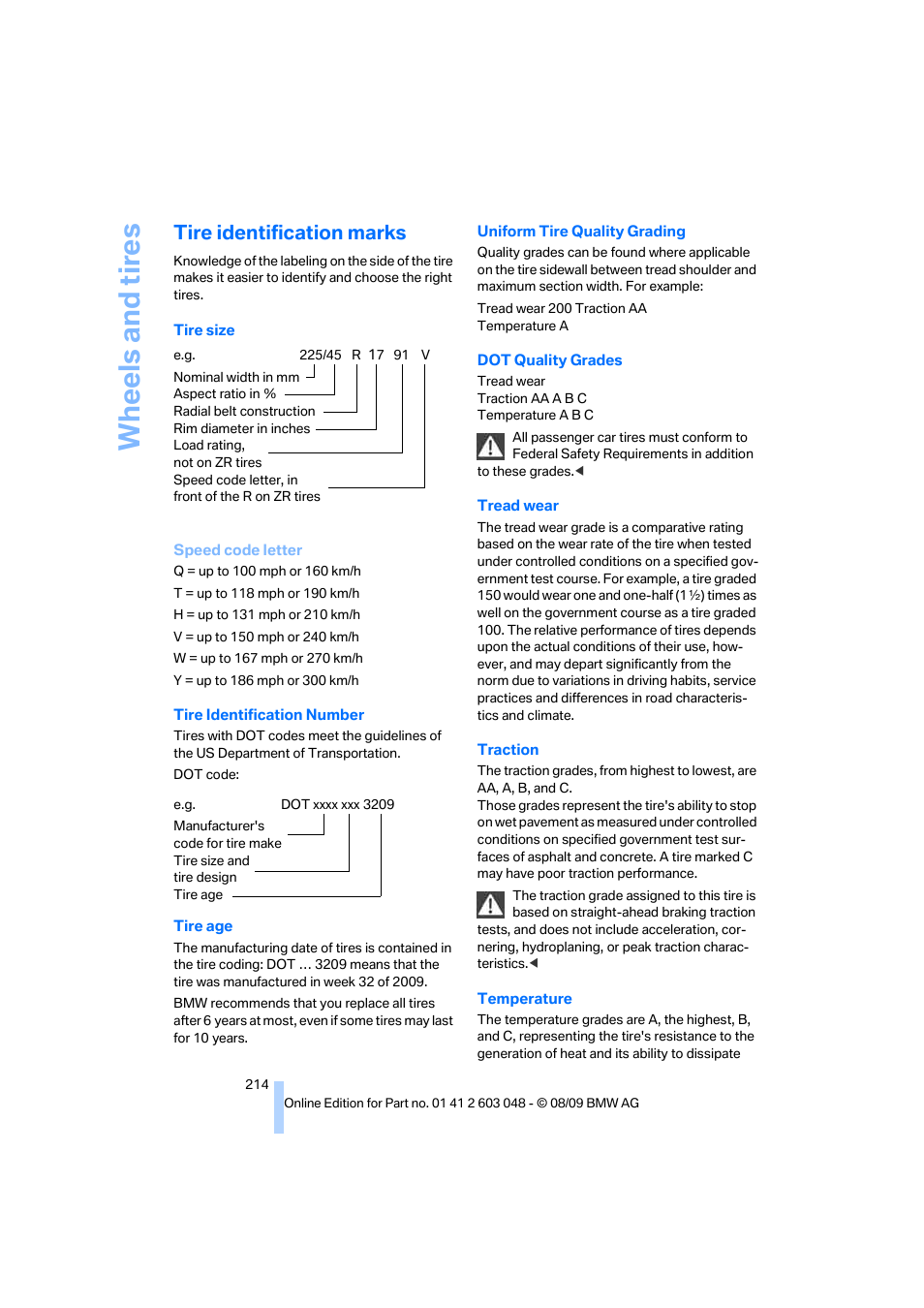 Tire identification marks, Wh eels and tire s | BMW 328i xDrive Sports Wagon 2010 User Manual | Page 216 / 274