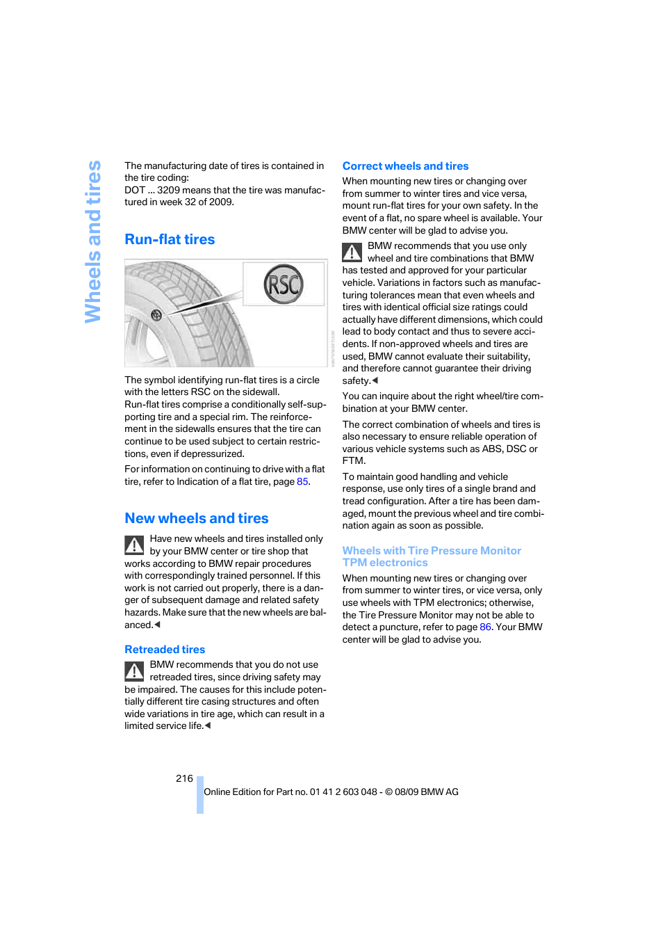 Run-flat tires, New wheels and tires, Wh eels and tire s | BMW 328i xDrive Sports Wagon 2010 User Manual | Page 218 / 274