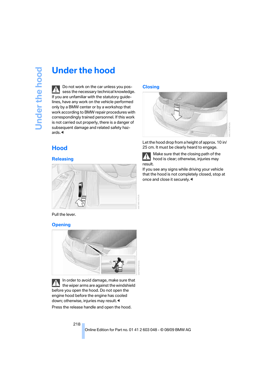 Under the hood, Hood | BMW 328i xDrive Sports Wagon 2010 User Manual | Page 220 / 274