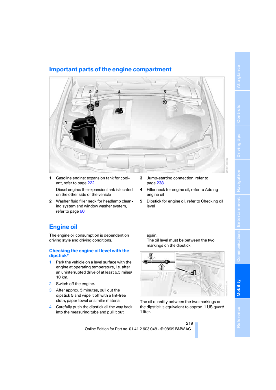 Important parts of the engine compartment, Engine oil | BMW 328i xDrive Sports Wagon 2010 User Manual | Page 221 / 274