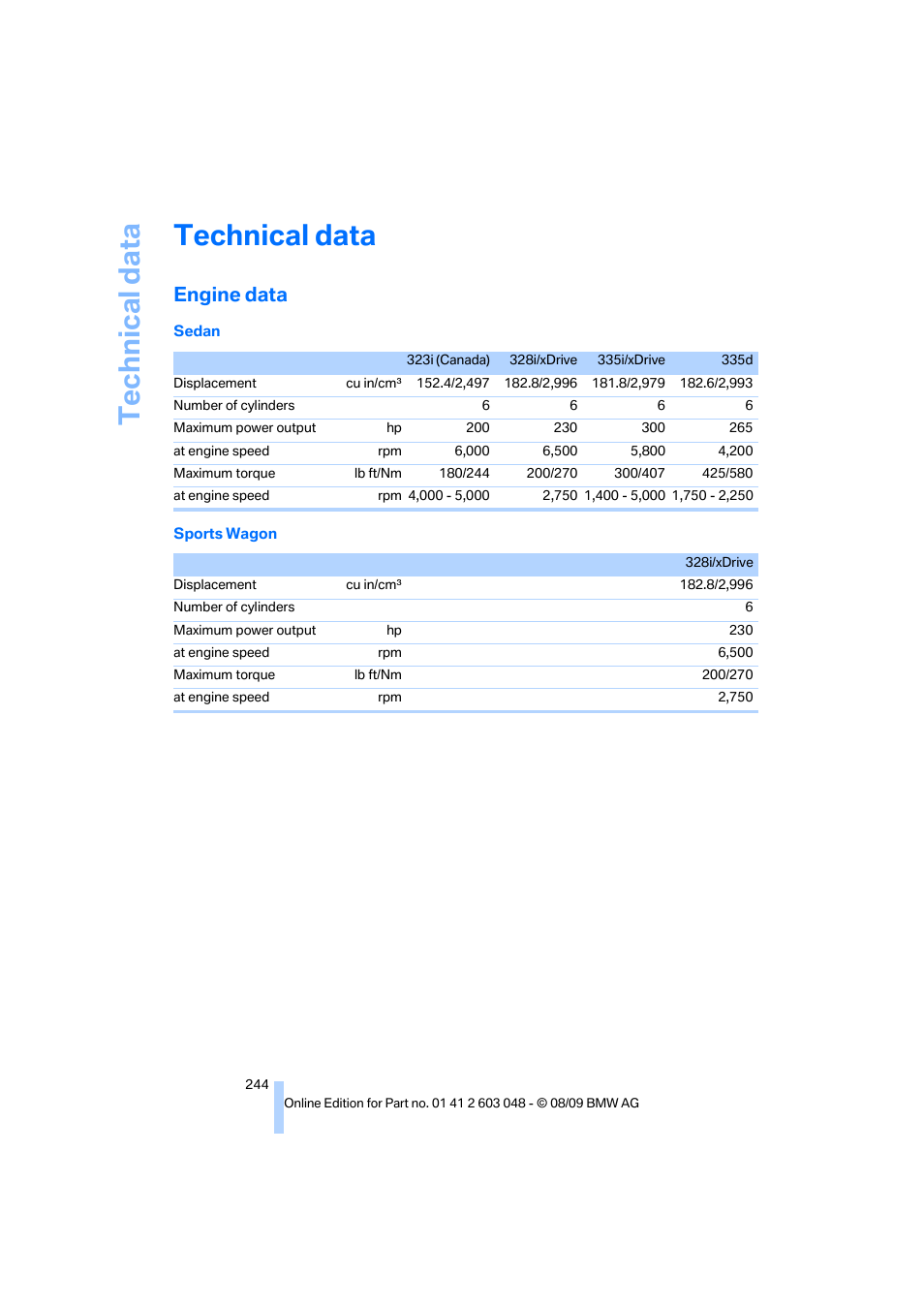 Technical data, Engine data | BMW 328i xDrive Sports Wagon 2010 User Manual | Page 246 / 274