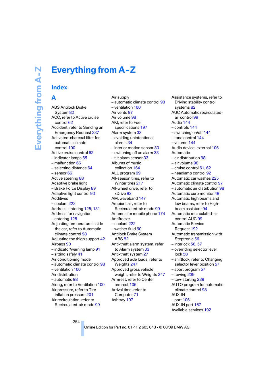 Everything from a - z, Index, Ev e ryth ing from a -z | Everything from a-z, Index a | BMW 328i xDrive Sports Wagon 2010 User Manual | Page 256 / 274