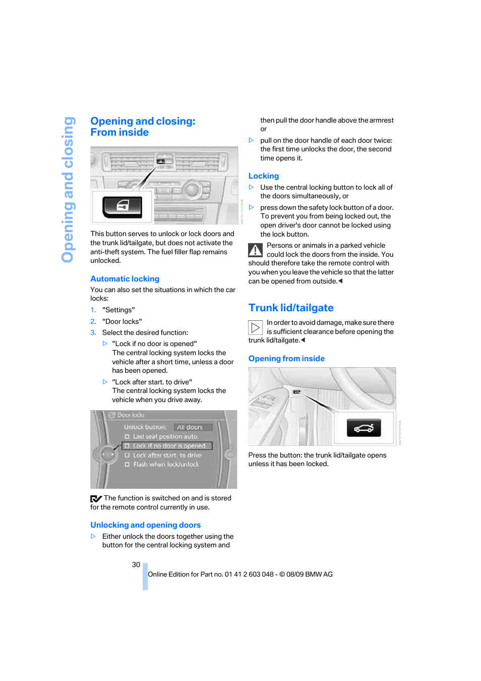 Opening and closing: from inside, Trunk lid/tailgate, Opening and closing | BMW 328i xDrive Sports Wagon 2010 User Manual | Page 32 / 274