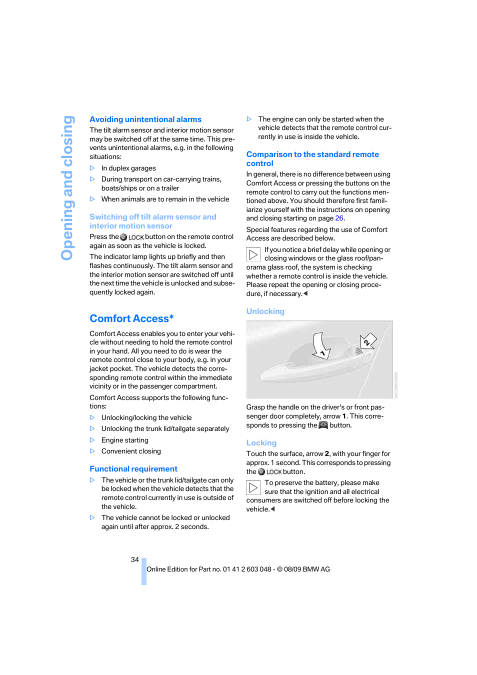 Comfort access, Opening and closing | BMW 328i xDrive Sports Wagon 2010 User Manual | Page 36 / 274