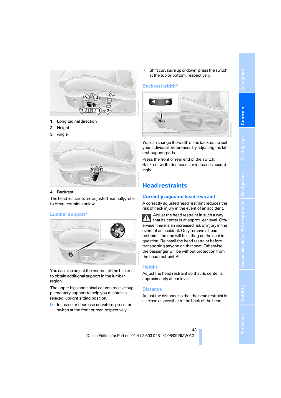 Head restraints | BMW 328i xDrive Sports Wagon 2010 User Manual | Page 45 / 274