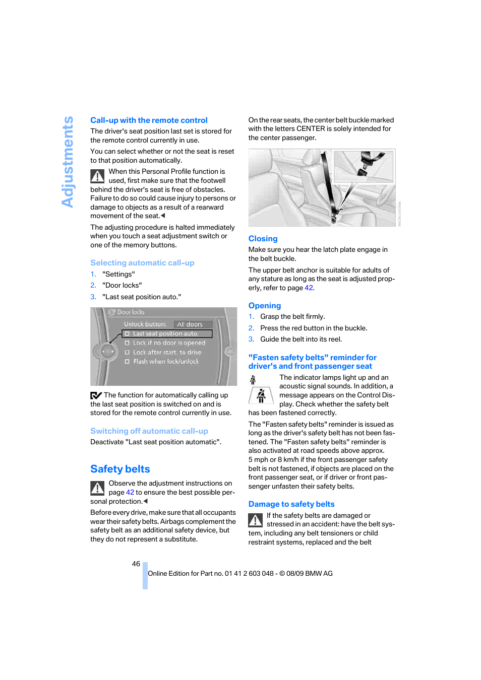 Safety belts, Adju stmen ts | BMW 328i xDrive Sports Wagon 2010 User Manual | Page 48 / 274