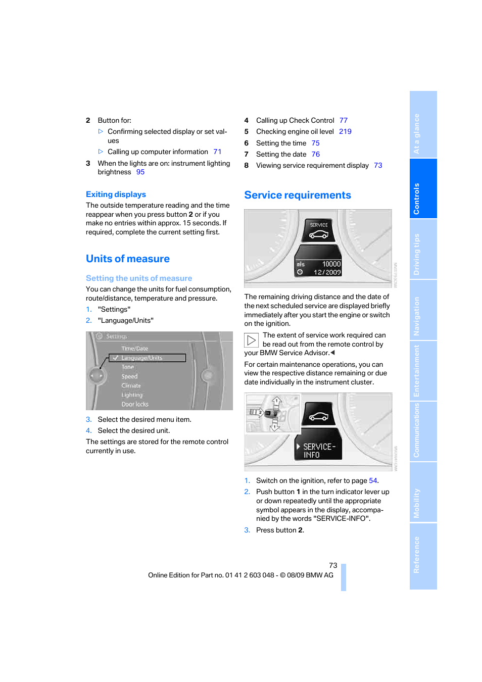 Units of measure, Service requirements | BMW 328i xDrive Sports Wagon 2010 User Manual | Page 75 / 274