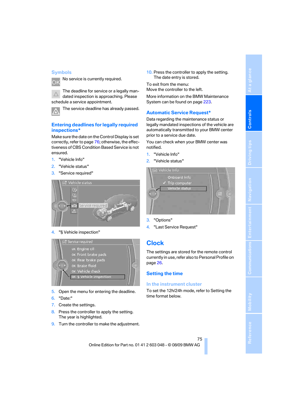 Clock, Setting the time, r | BMW 328i xDrive Sports Wagon 2010 User Manual | Page 77 / 274