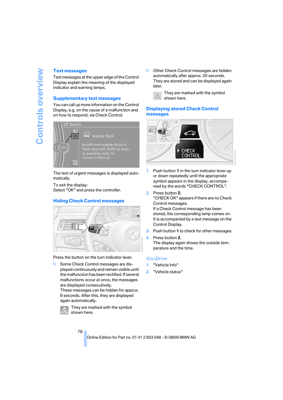 Controls overview | BMW 328i xDrive Sports Wagon 2010 User Manual | Page 80 / 274