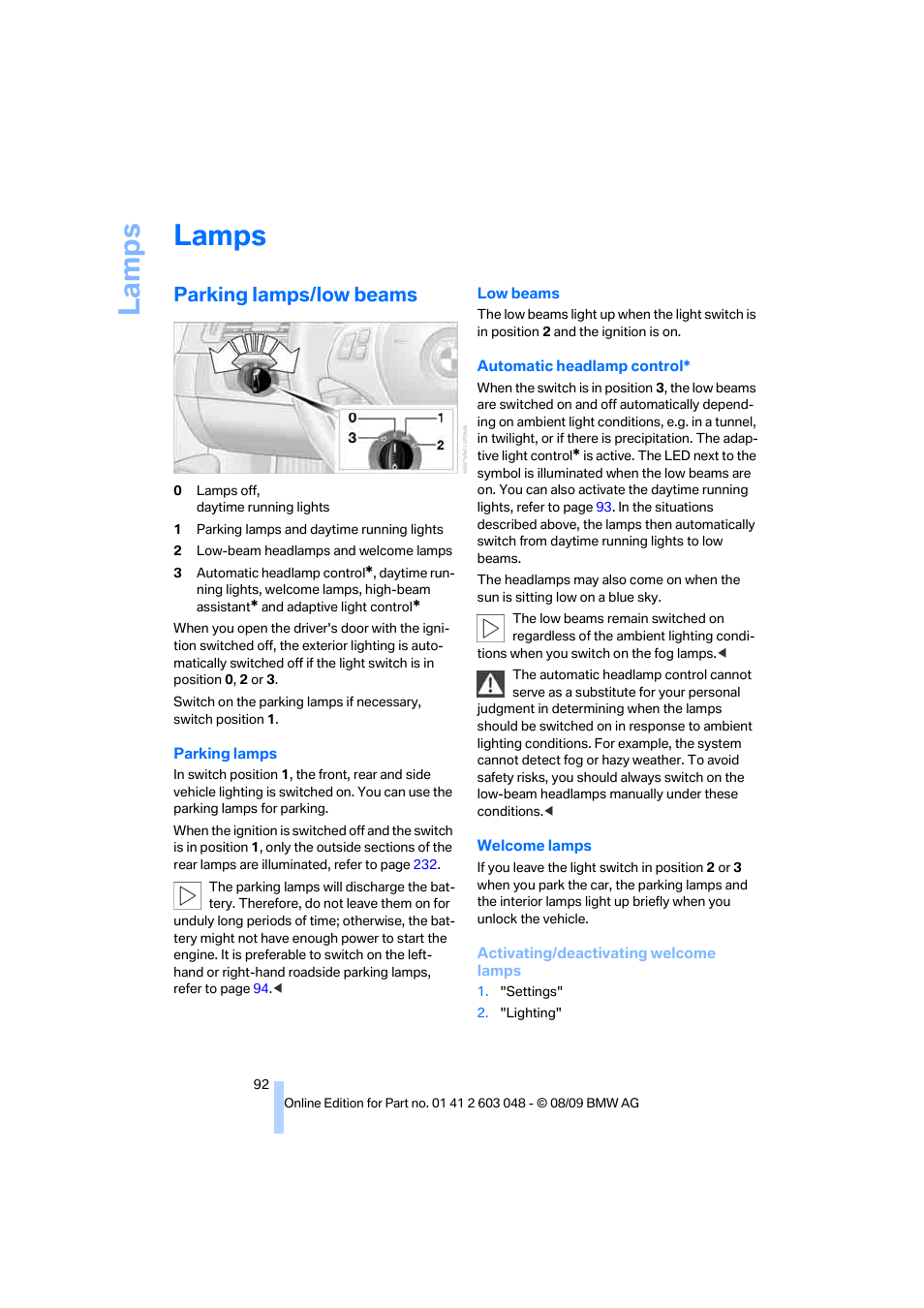 Lamps, Parking lamps/low beams, La mp s | BMW 328i xDrive Sports Wagon 2010 User Manual | Page 94 / 274