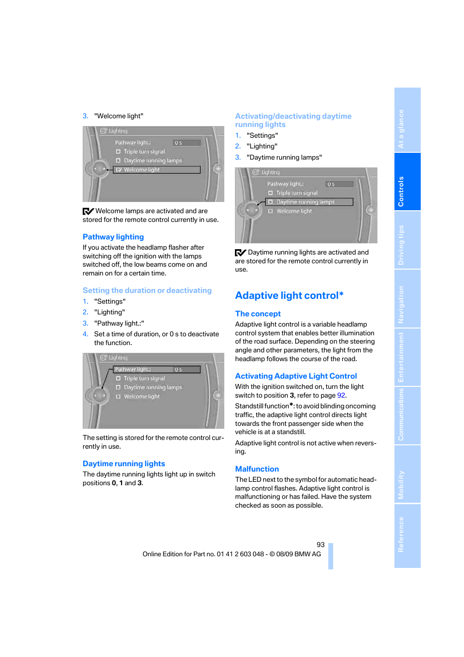 Adaptive light control | BMW 328i xDrive Sports Wagon 2010 User Manual | Page 95 / 274