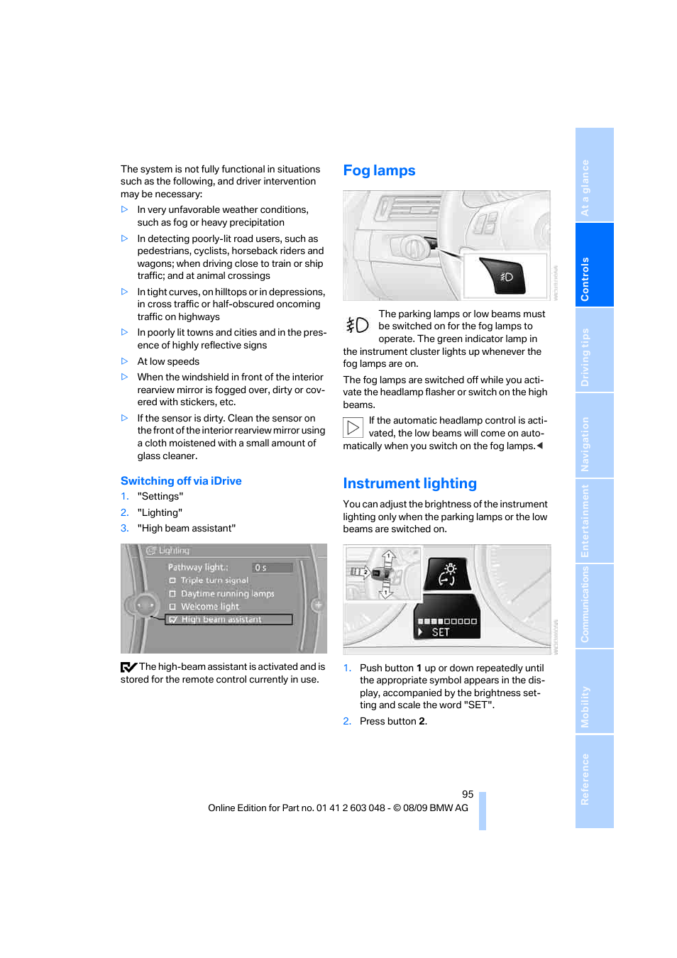 Fog lamps, Instrument lighting | BMW 328i xDrive Sports Wagon 2010 User Manual | Page 97 / 274