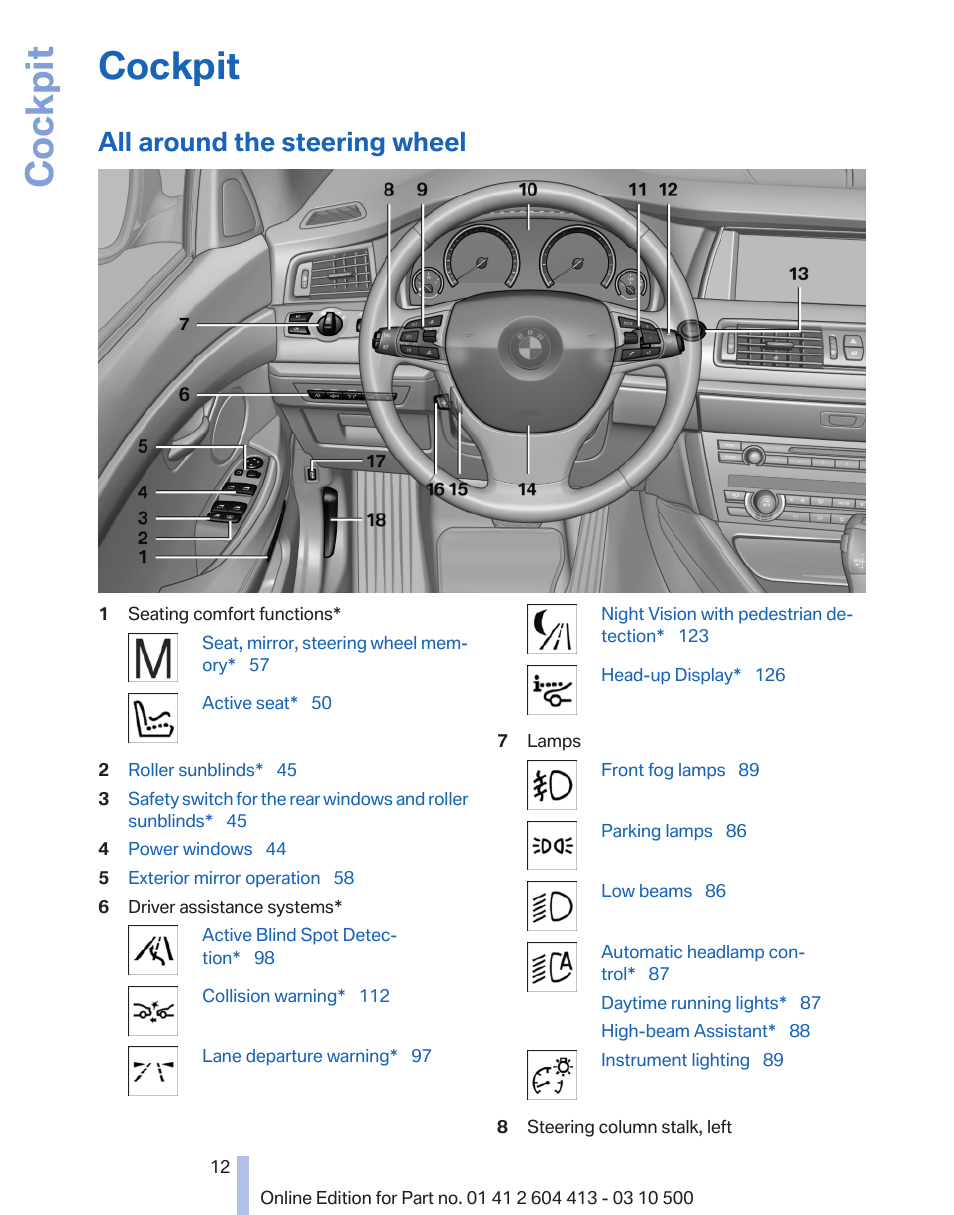 Cockpit, All around the steering wheel | BMW 550i xDrive Gran Turismo 2010 User Manual | Page 12 / 277