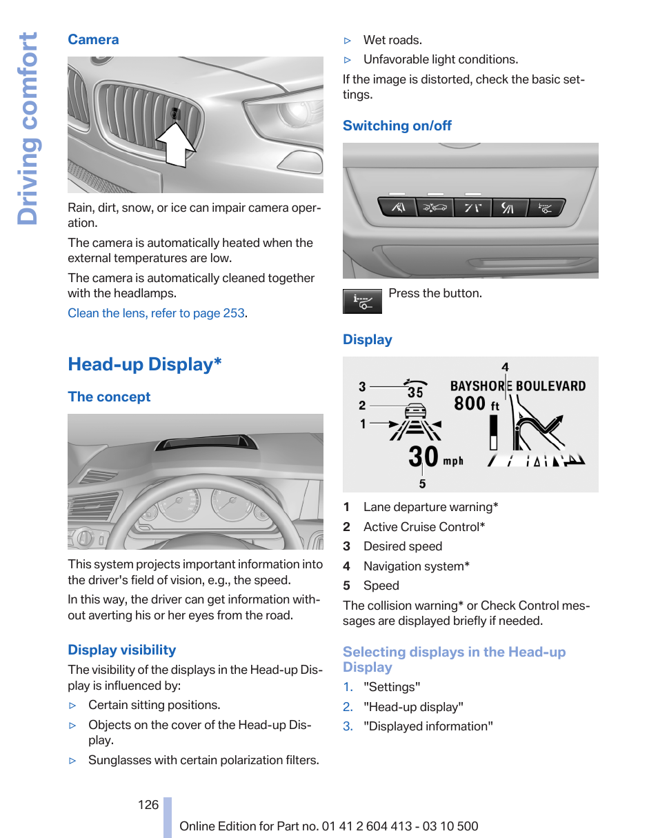 Head-up display, Head-up display* 126, Selec | Driving comfort | BMW 550i xDrive Gran Turismo 2010 User Manual | Page 126 / 277