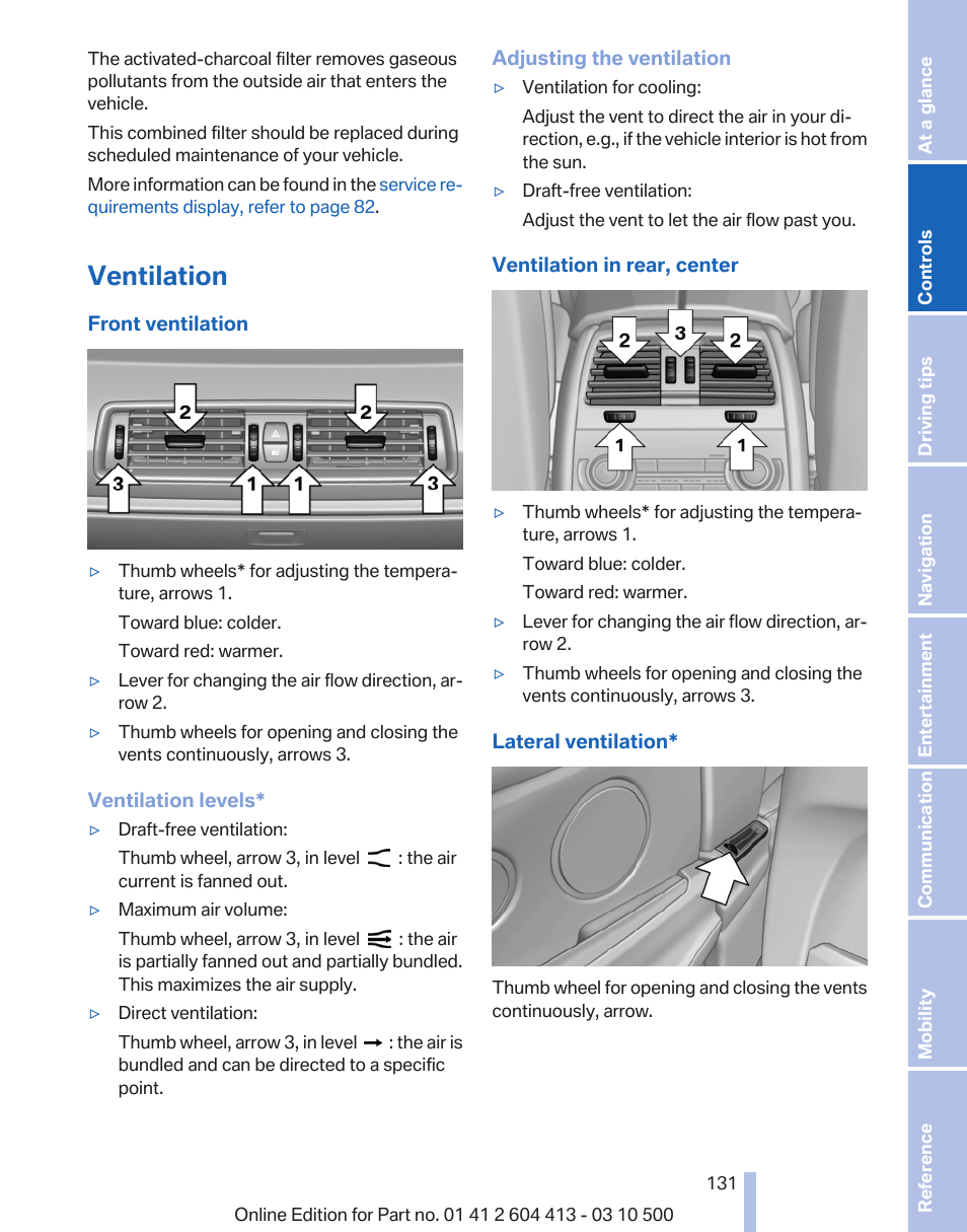 Ventilation, Air vent 131 | BMW 550i xDrive Gran Turismo 2010 User Manual | Page 131 / 277