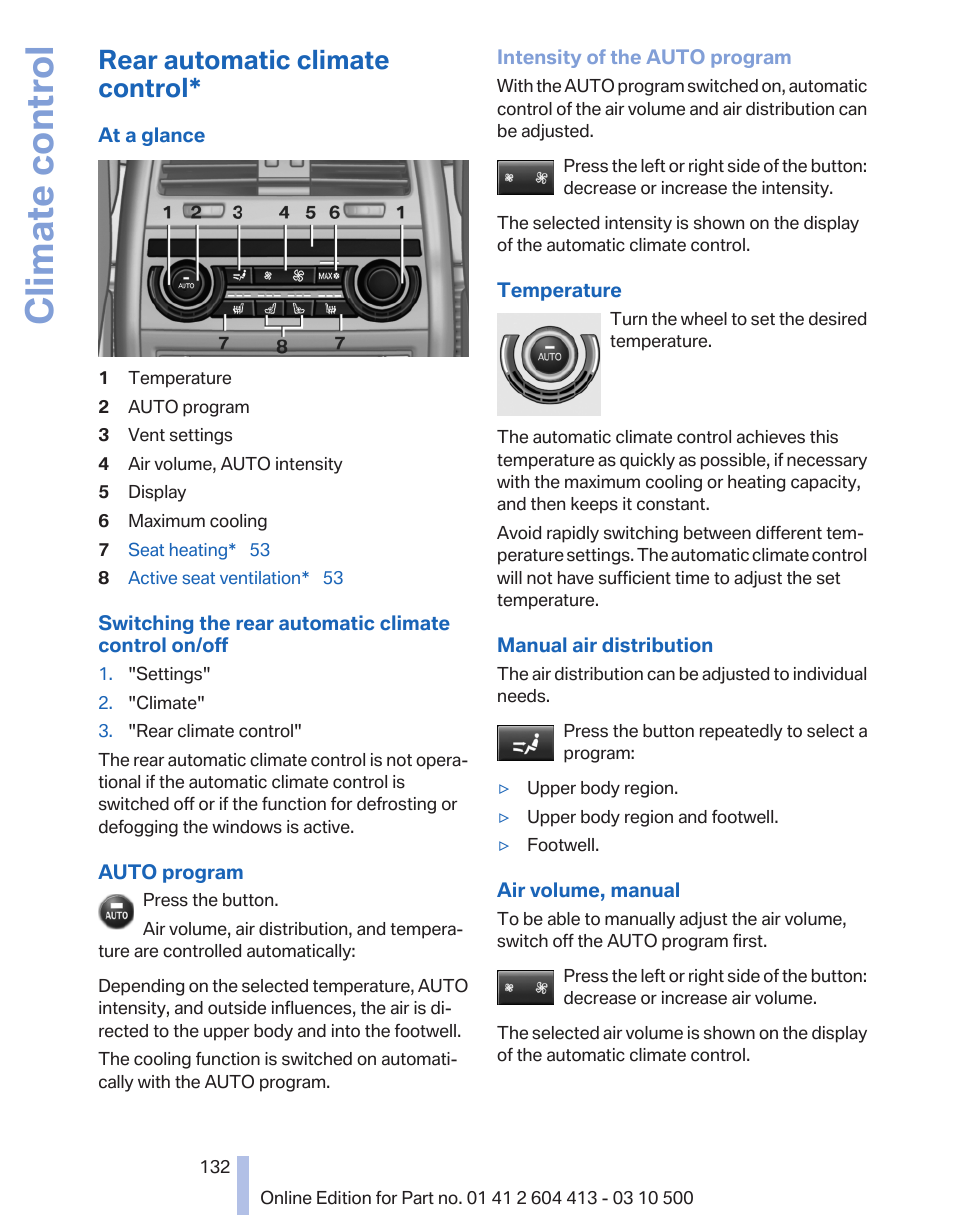 Rear automatic climate control, Climate control | BMW 550i xDrive Gran Turismo 2010 User Manual | Page 132 / 277