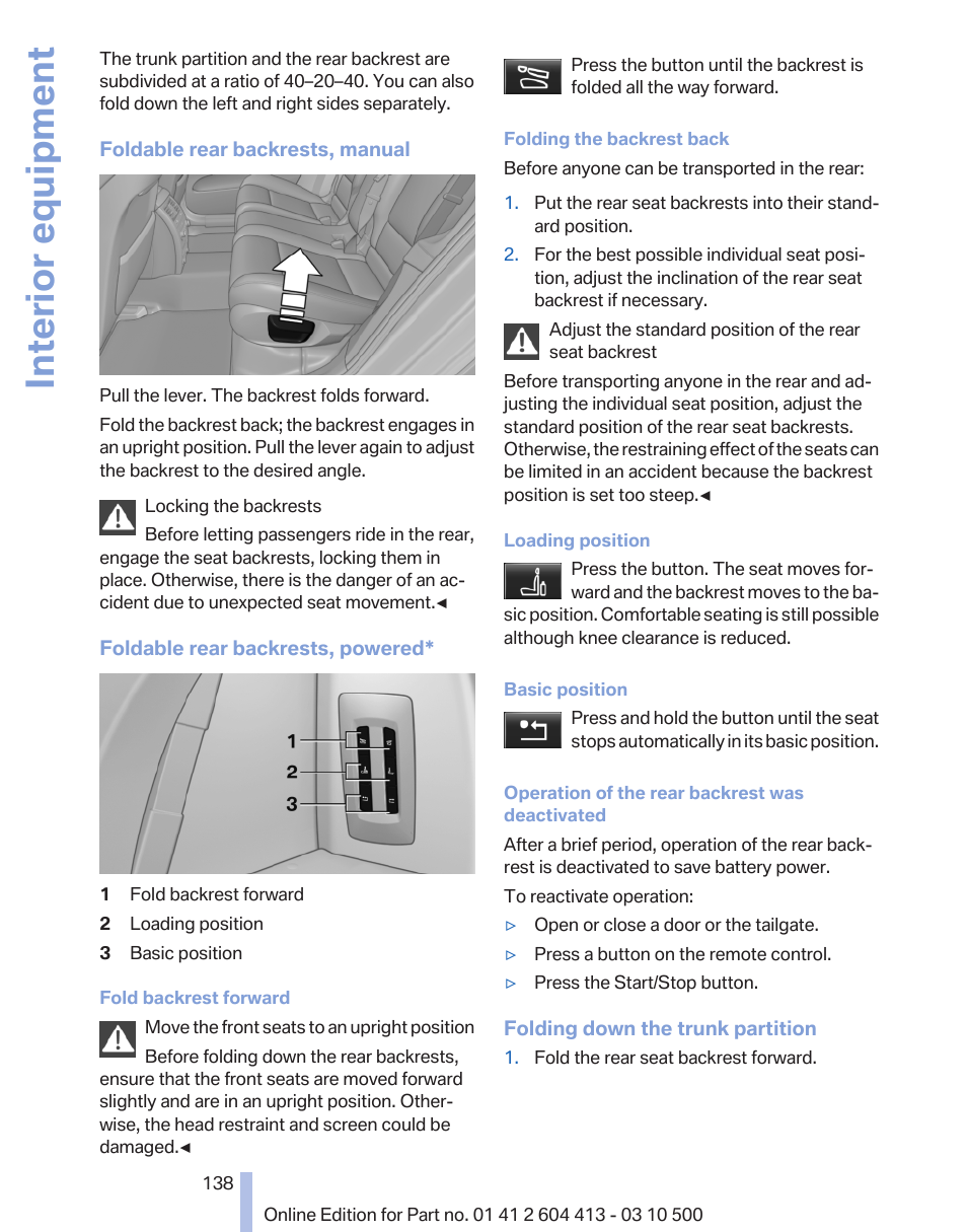 Interior equipment | BMW 550i xDrive Gran Turismo 2010 User Manual | Page 138 / 277