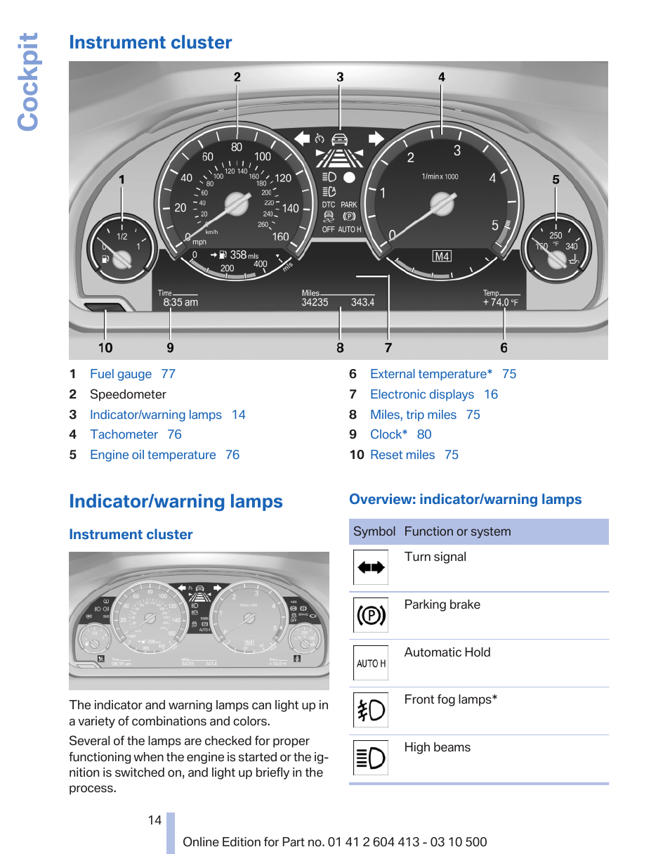 Instrument cluster, Indicator/warning lamps, Instrument cluster 14 | Cockpit | BMW 550i xDrive Gran Turismo 2010 User Manual | Page 14 / 277