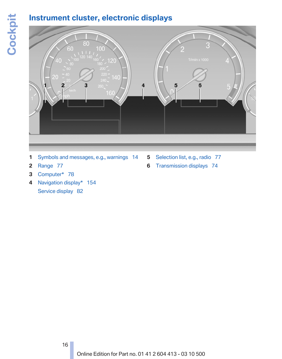 Instrument cluster, electronic displays, Electronic displays 16, Cockpit | BMW 550i xDrive Gran Turismo 2010 User Manual | Page 16 / 277