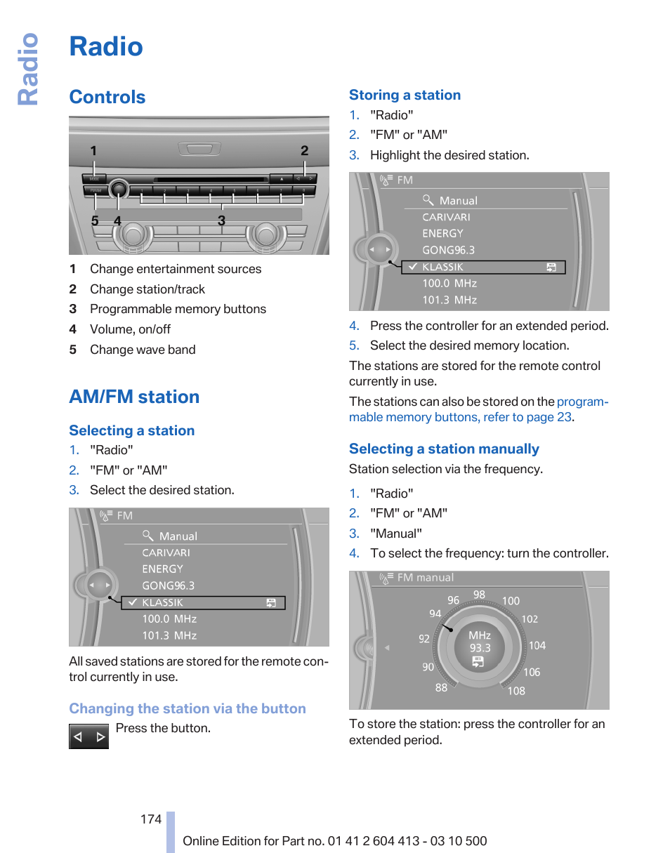 Radio, Controls, Am/fm station | Radio 174, Stored stations | BMW 550i xDrive Gran Turismo 2010 User Manual | Page 174 / 277