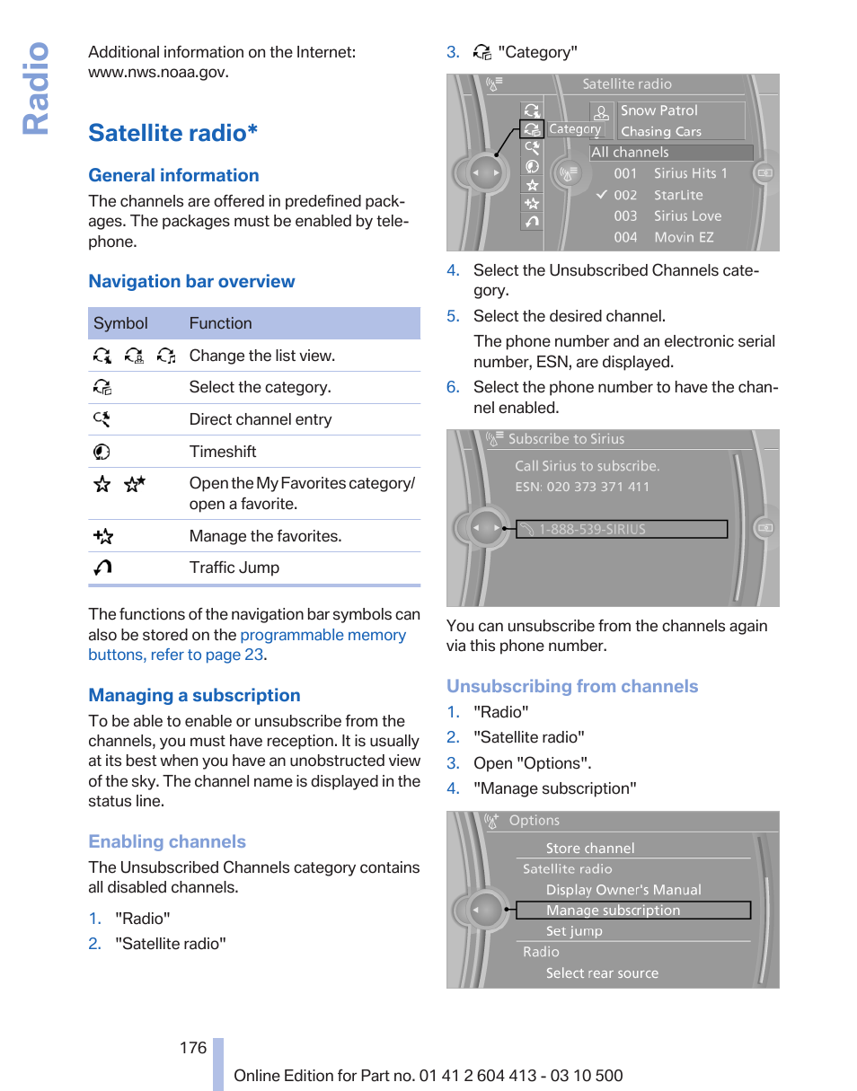 Satellite radio, Radio | BMW 550i xDrive Gran Turismo 2010 User Manual | Page 176 / 277