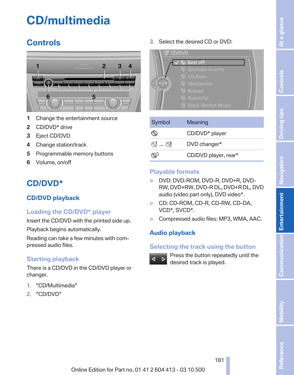 Cd/multimedia, Controls, Cd/dvd | Cd/multimedia 181 | BMW 550i xDrive Gran Turismo 2010 User Manual | Page 181 / 277