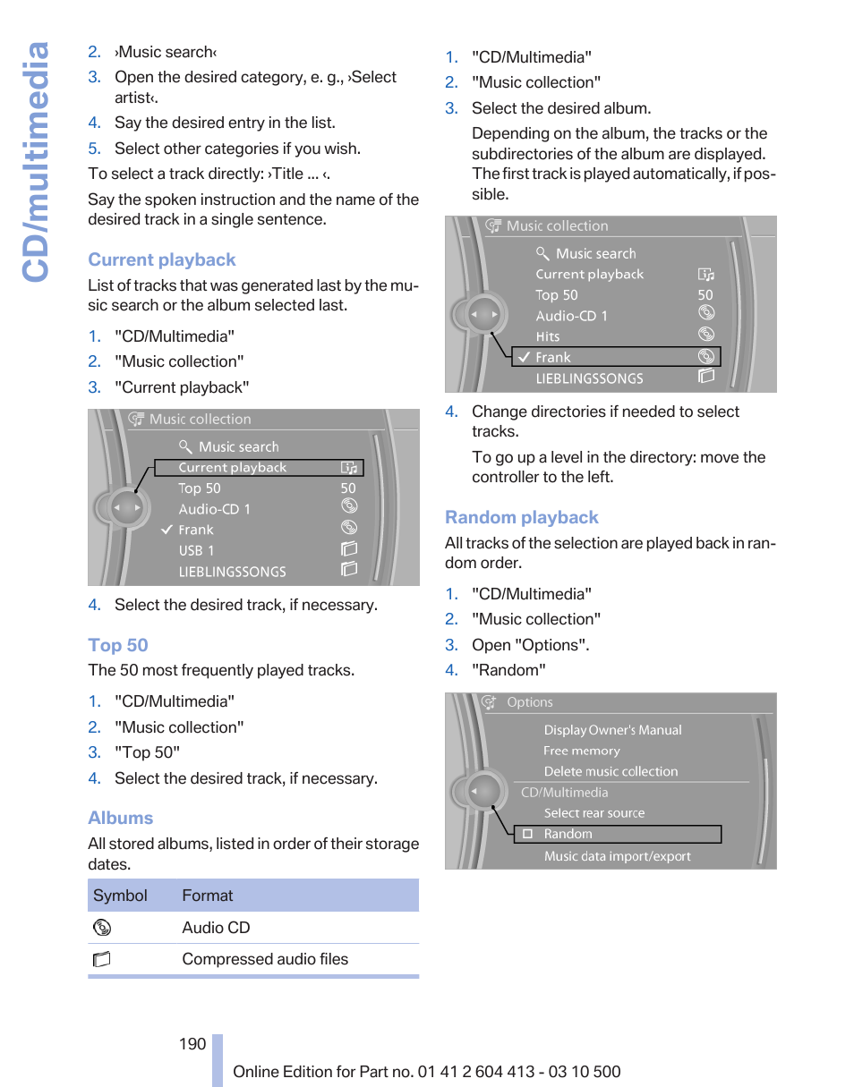 Album, Cd/multimedia | BMW 550i xDrive Gran Turismo 2010 User Manual | Page 190 / 277